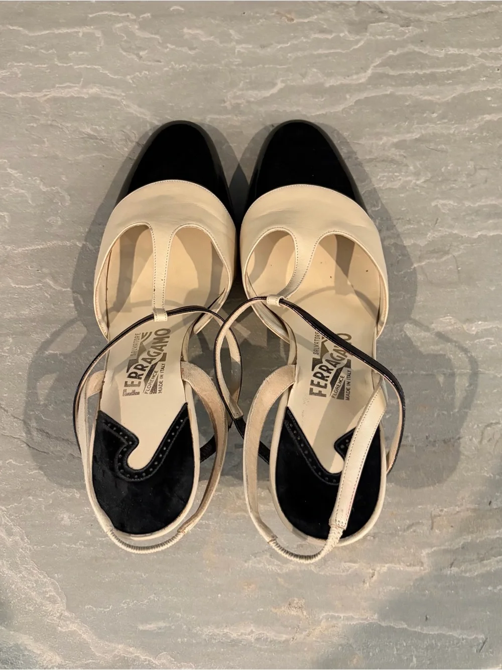 Salvatore Ferragamo Vintage Two-Tone T-Strap Slingback Heels - Picture 5 of 7